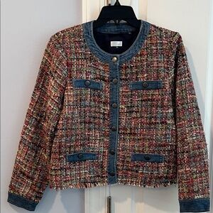Ecru Colorful Tweed Blazer with Denim Accents